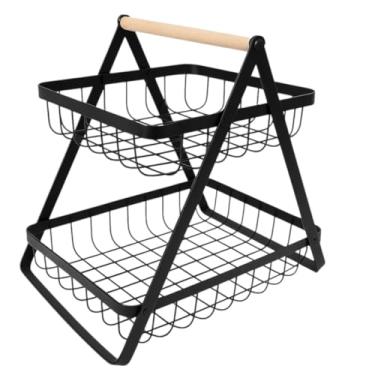 Imagem de Fruteira De Mesa Metal Alça Bambu Retangular 2 Andares 23,5cm Preta Duplo Cesto Removivel Organizador Premium Cozinha Compacta Frutas Legumes
