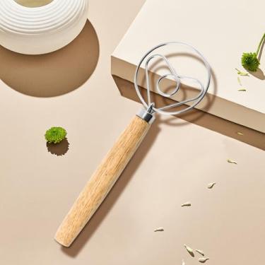 Imagem de Generic Batedor de massa dinamarquês - Cabo de carvalho de madeira com gancho de aço inoxidável em forma de coração, tamanho grande, cor marrom