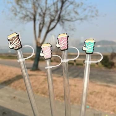 Imagem de Tampas de cobertura de canudo de café para copo Stanley - 4 peças de topos de palha de silicone engraçados acessórios de canudos de caveira para Stanley Quencher H2.0 850 g e copos de 1,134 g