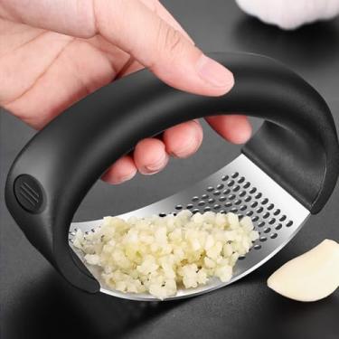 Imagem de Espremedor de alho preto, aço inoxidável, espremedor de alho, cortador de balancim, ferramenta assistente de fatiamento de cozinha