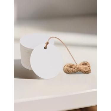 Imagem de 100 etiquetas de presente de papel kraft com barbante, etiquetas de preço em branco, etiquetas de pendurar para etiqueta de artesanato, casamento, Natal, Halloween, arredondado (branco)