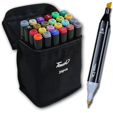 Imagem de Kit de 24 Canetas Marcador Permanente Ponta Dupla Touch Coloridas para Desenho Profissional Escolar Infantil com Estojo Organizador Base Artista Canetinhas Hidrográficas Alcool Caneta para Colorir