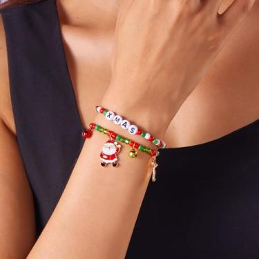 Imagem de Pulseiras de Natal empilhadas com berloques para mulheres, miçangas, pulseiras de batida, joias, decorações de árvore de Natal, presentes, acessórios