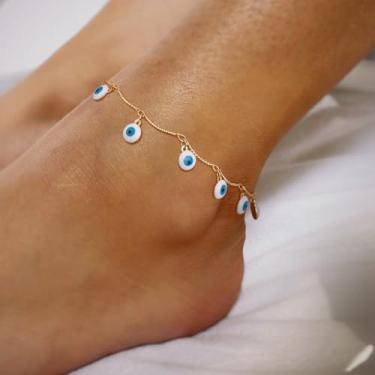 Imagem de Tornozeleira feminina banhada a ouro 14k com olho azul