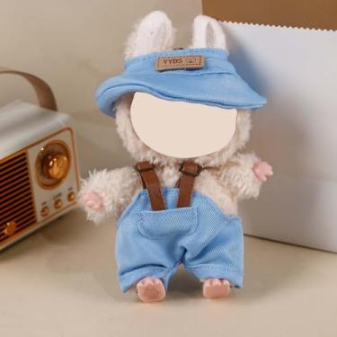 Imagem de Compatível com Labubu 15 cm/17 cm (sem boneca) - Conjunto de chapéu balde azul claro e macacão com alças marrons, acessórios de roupa de boneca (azul claro)