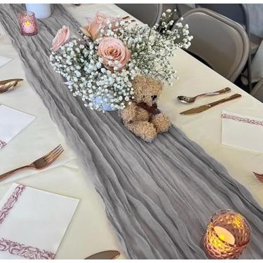 Imagem de Caminho de mesa de gaze cinza claro 3 pés gaze rústica pano de queijo decoração de mesa de jantar corredores longos para festa chá de panela bebê casamento decorações de aniversário 1 pacote 35x120