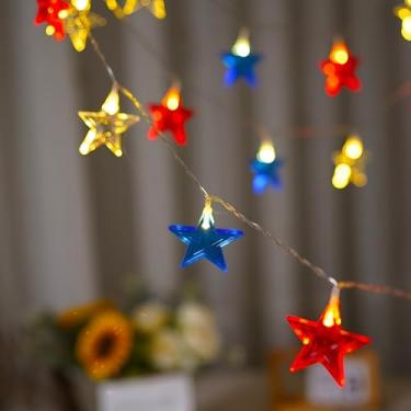 Imagem de 1 cordão de luzes de estrela dos EUA - 10 luzes patrióticas vermelhas brancas azuis de 1,5 m, decoração ao ar livre do Dia da Independência (2 pilhas AA não incluídas), coloridas