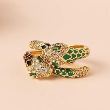 Imagem de Anel de ouro aberto de cobra verde para mulheres cintilante vintage empilhável animal verde esmalte olho moda declaração fantasia dedo joia presente, Aço inoxidável, Sem pedra preciosa