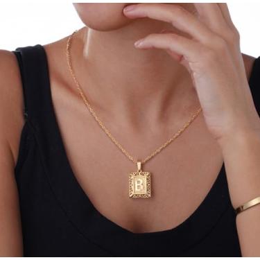 Imagem de Colar com inicial personalizada, monograma, pingente do alfabeto, aço inoxidável, banhado a ouro, pingente para mulheres e homens, F, Aço inoxidável, Sem Pedra Preciosa