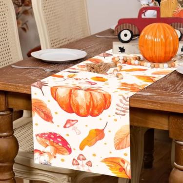 Imagem de Caminho de mesa de outono de abóbora laranja de Ação de Graças, folhas de bordo, cogumelo, sazonal, outono, cozinha, colheita, casa de fazenda, decoração de mesa de jantar para decoração de festa em