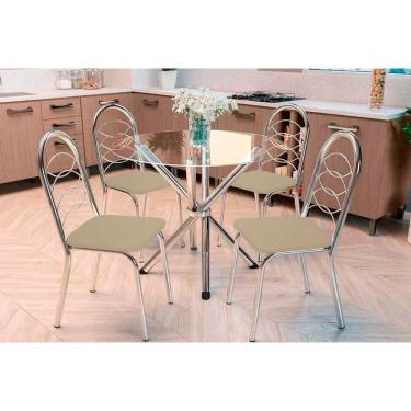 Imagem de Kit 4 Cadeiras Sala Jantar Volga C- Tampo De Vidro 95cm E 4 Cadeiras Holanda Cromada - Courano Bege - Kappesberg