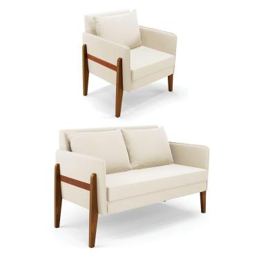 Imagem de Kit 1 Sofá Namoradeira E 1 Poltrona Lana Veludo Bege Base De Madeira - D'rossi