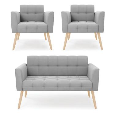 Imagem de Kit 1 Sofá Namoradeira E 2 Poltronas Elisa Suede Pés Palito Natural - D'rossi Cor Cinza