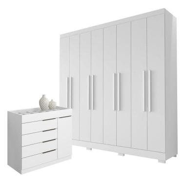 Imagem de Guarda Roupa Casal Porto 8 Portas 4 Gavetas E Cômoda Sapateira Sevilha Branco Brilho – Aramóveis