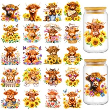 Imagem de ROLYTA Highland Cow UV DTF Cup Wraps para 473 ml, 20 folhas para copos de vidro, adesivos de transferência à prova d'água para caneca faça você mesmo, copo, decoração de garrafa, suprimentos de