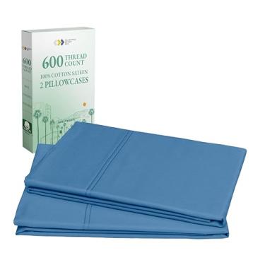 Imagem de Conjunto de 2 fronhas Queen/Standard - 600 fios de cetim luxuoso, 100% algodão natural, refrescante, roupa de cama fresca e durável de qualidade de hotel - azul parisiense