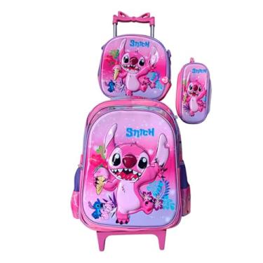 Imagem de Kit Mochila Infantil Stitch Sorvete Rosa Menina com Rodinhas + Lancheira Térmica + Estojo Escolar em 3D Alto Relevo