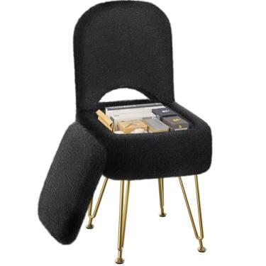 Imagem de GREENSTELL Cadeira Vanity com armazenamento e encosto dobrável, 34 x 38 x 76 cm, pufe macio de pele sintética, 4 pernas de metal com pés antiderrapantes, assento acolchoado peludo para maquiagem