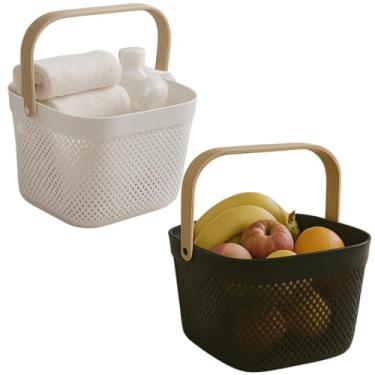 Imagem de Fruteira de mesaCesto Organizador Alça de Bambu Preto Branco Multiuso Caixa Plástico Fruteira Banheiro Cozinha Lavanderia Decorativo(BRANCO)