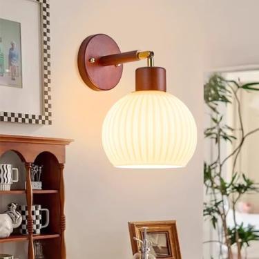 Imagem de E27 Candeeiro de parede de madeira vintage criatividade, luzes de parede com sombra de vidro 180° giratório, arandelas de parede de ângulo ajustável, luz quente para sala de estar, quarto, corredor