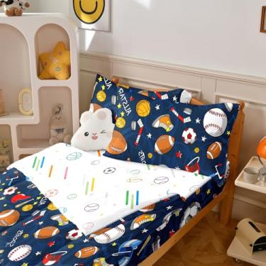 Imagem de Yadangxiawa Jogo de edredom infantil, solteiro com zíper, estampa de futebol, basquete, lençol com elástico e fronhas para todas as estações (tênis)