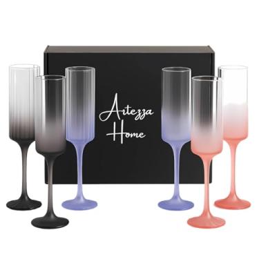 Imagem de Taças de champanhe (156 g) Conjunto de 6 – Vidro soprado à mão com acabamento fosco gradiente, copos coloridos elegantes para brinde para casamentos, celebrações e presentes - Artezza Home