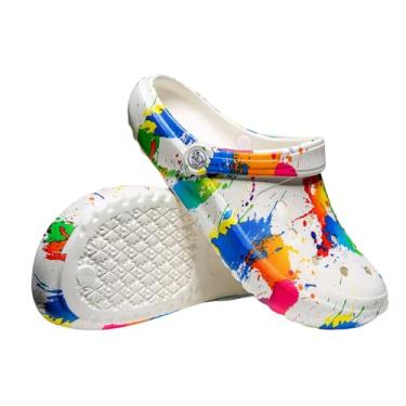 Imagem de HoEase Tie-dye Tamancos femininos leves sem cadarço sapatos de jardim baratos, sandálias/sapatos aquáticos, Branco L002, 9 Wide