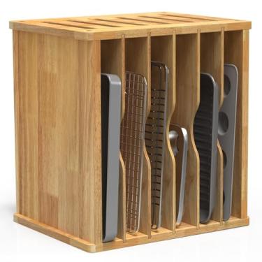 Imagem de sandpaint Divisores de bandeja de madeira de borracha de 7 camadas para armários, organizador de divisórias verticais de cozinha pesada, formas de armazenamento, bandejas de cozimento, tábua de corte