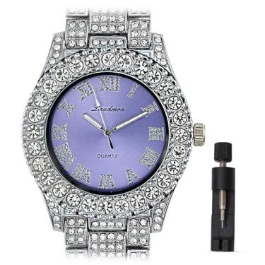 Imagem de ICEDTAG Conjunto de relógio e pulseira com algarismos romanos luxuosos com pedras grandes, mostrador colorido, Ouro branco - mostrador lilás, Regular, Decoração de festa chá de bebê dia dos namorados