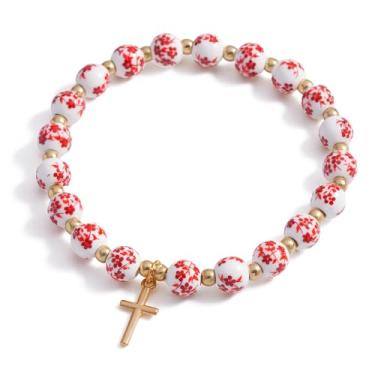 Imagem de ZHDHDQ Pulseira com pingente de cruz para mulheres, pulseira floral vintage antiga com contas e cruz elástica estética religiosa cristã primeira comunhão batismo confirmação presentes joias presentes