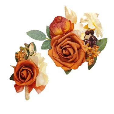 Imagem de NEUYEE Conjunto de corpete e flor na lapela para noivos, damas de honra, padrinhos, casamento, regresso a casa, flores, formatura, acessórios (terracota)