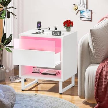 Imagem de Mesa de cabeceira branca com iluminação LED, tomada e luz de gaveta, mesa de cabeceira moderna com estação de carregamento, gaveta e prateleira para decoração de quarto de dormitório 47 x 40 x 53 cm