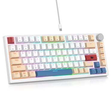 Imagem de Guffercty kred Teclado 75% retrô com botão, teclado mecânico para jogos montado na junta personalizada 75% RGB Hot Swap para Mac/Windows/Linux (Junta 82 leite de soja)