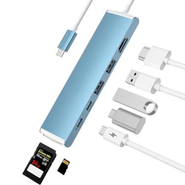 Imagem de Hub USB-C 7 em 1 com HDMI 4K - carregamento PD de 100 W, USB 3.0 de 5 Gbps, leitor de cartão SD/TF para MacBook Pro/Air, iPad, Surface Laptop (azul)