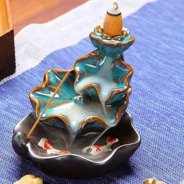 Imagem de Queimador de incenso de refluxo, móveis domésticos criativos, artesanato de cerâmica, ornamentos zen, vista de sândalo de refluxo de Peixes, recompensa transfronteiriça (10 x 9 x 8)