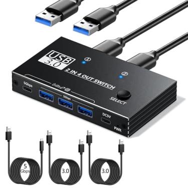 Imagem de Interruptor USB 3.0 de 5 Gbps – 2 computadores compartilhando dispositivos USB C e A, comutador USB 3.0 de alumínio com cabo de alimentação USB-C e dois cabos USB 3.0, hub de switch de 4 portas