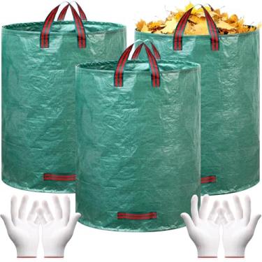 Imagem de Wesnoy Pacote com 3 sacos de jardim reutilizáveis de 132 galões, sacos de folhas de jardim dobráveis e resistentes reutilizáveis com alças reforçadas e dois pares de luvas para coleta de resíduos de
