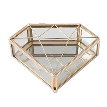 Imagem de Caixa de joias caixa de joias armazenamento de exibição de joias de vidro dourado caixa de joias de metal transparente bugiganga pequena caixa organizadora de joias em forma de coração e diamante