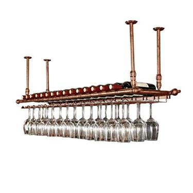 Imagem de Prateleiras de vinho de parede Rack de ferro de metal em bar cubo loft teto pendurado na parede copo de vinho champanhe copo copo rack suporte de garrafa de vinho (cor: bronze tamanho: 80 x 30 cm)