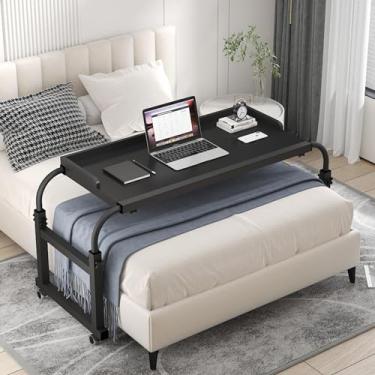 Imagem de Mesa de cama com 4 rodas, mesas de cama ajustáveis 115-210 cm mesas sobrepostas carrinho de armazenamento com rodinhas estação de trabalho em pé ajuste altura 65-95 cm mesa de computador para hospital