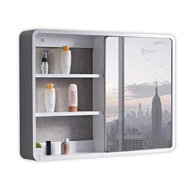 Imagem de Armário de banheiro de madeira maciça espelho de armazenamento push-pull armário banheiro espelho de penteadeira montado na parede com prateleira (cor: branco, tamanho: 601460 cm) (branco 90 * 14 * 65