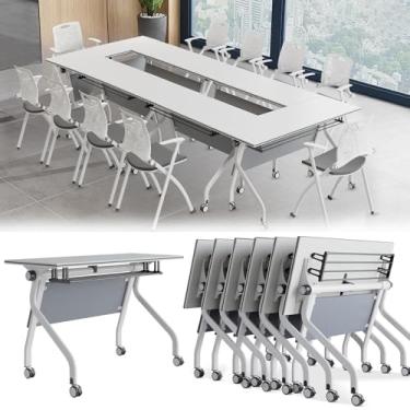 Imagem de ZDJZMGZ Mesa de conferência mesas dobráveis para sala de conferências sobre rodas, mesas retangulares para sala de reunião, mesa de treinamento flip top, mesa moderna para sala de reuniões com moldura