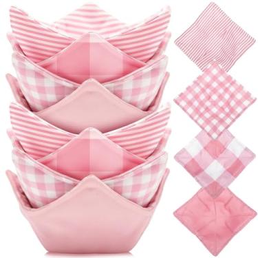 Imagem de FoldTier 8 peças de suportes aconchegantes para microondas, listra xadrez rosa de algodão acolchoada, reutilizável, tigela de sopa, pegador de panela resistente ao calor, acessórios de cozinha de