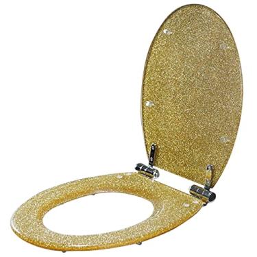 Imagem de Assento sanitário premium com glitter, assento de vaso sanitário universal de forma oval com fechamento suave e liberação rápida, dobradiça ajustável para fácil instalação.