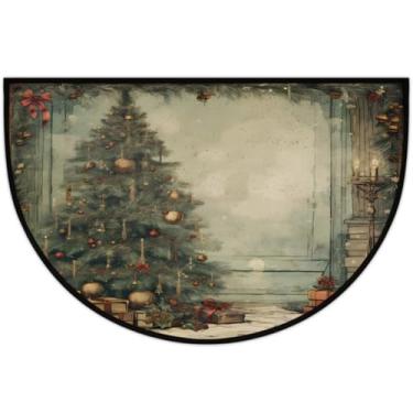Imagem de Tapete de porta meio redondo, retrô, árvore de Natal, antiderrapante, absorvente, semicírculo, tapetes laváveis, meia lua, para ambientes internos, pátio, cozinha, banheiro, entrada, lareira