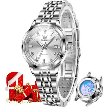 Imagem de OLEVS Relógio feminino automático, dourado, luxuoso, diamante, corda automática, à prova d'água, luminoso, data, L7062: pulseira prata e mostrador branco, Elegante