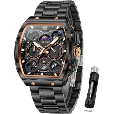 Imagem de OLEVS Relógio de pulso masculino quadrado de aço inoxidável à prova d'água luminoso em dois tons de quartzo, analógico, quartzo, data e diamante, G2942-rosa preto, G2942-rose black, relógio masculino