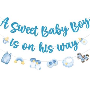 Imagem de FOZEE Banner A Sweet Baby Boy is on the Way - Decorações de festa de chá de bebê para meninos - varal de roupas de bebê decoração de chá de bebê - Glitter azul