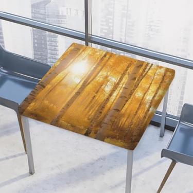 Imagem de hongjinglin Toalha de mesa quadrada para uso ao ar livre com borda elástica, toalha de mesa quadrada limpável, dourada, floresta, outono, para ambientes externos, ambientes internos, pátio, jantar