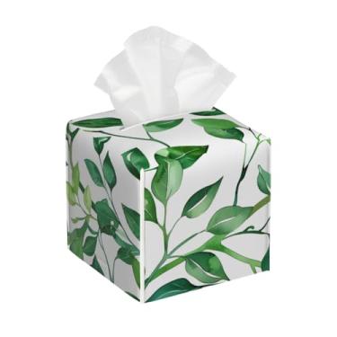Imagem de Capa quadrada de couro para caixa de lenços de papel, impermeável, folhas verdes, retrô, organizador de papel facial com cinto inferior, estojo de lenços para mesa, banheiro, escritório, mesa, carro
